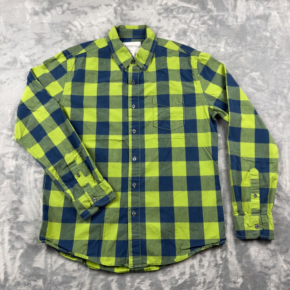 Aeropostale Mens M Green Navy Blue Buffalo Check Plaid Button Down Shirt Cotton